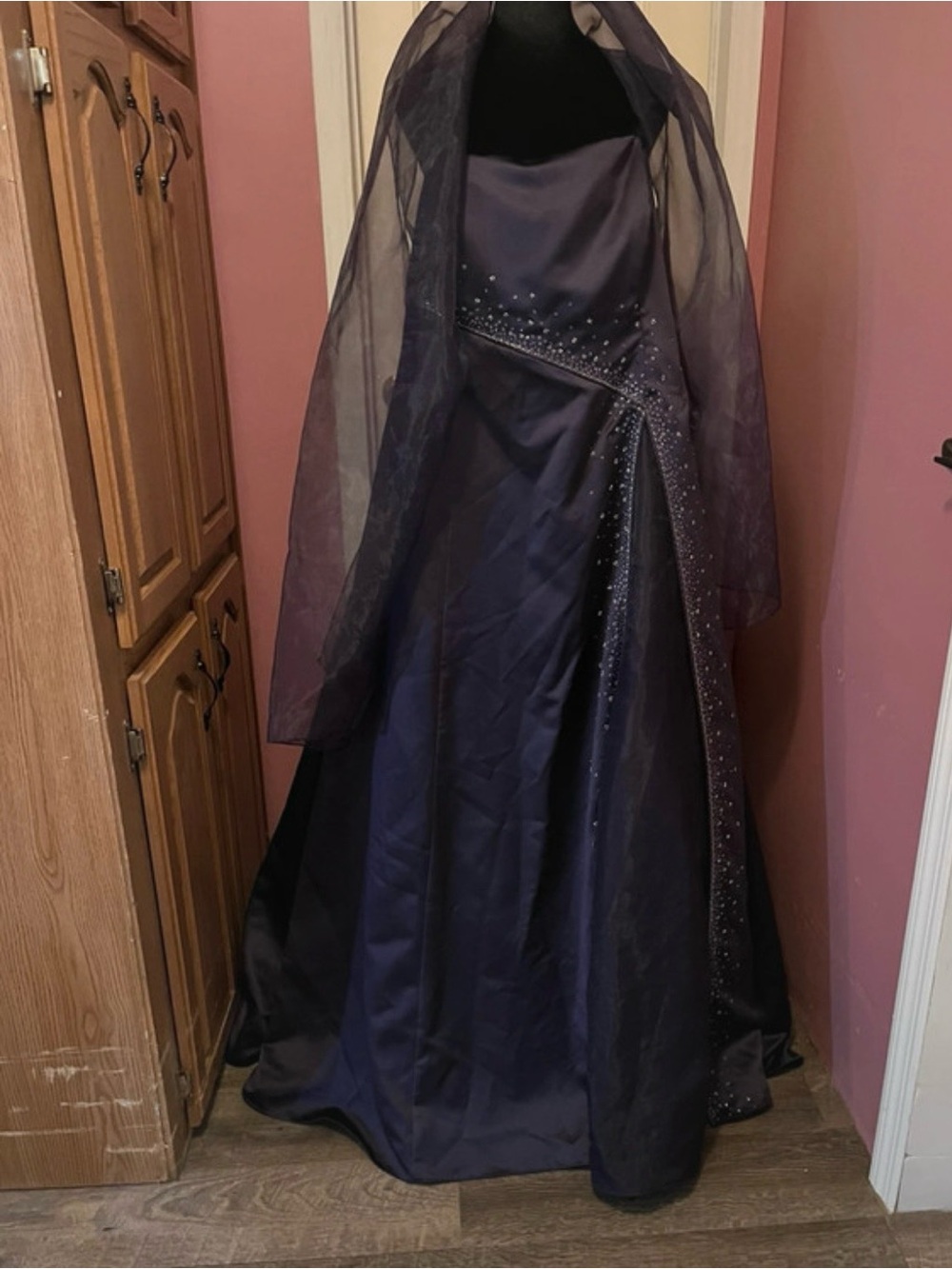 David's Bridal Dark Purple Beaded A-Line Prom Dress with Sheer Overlay shawl.
